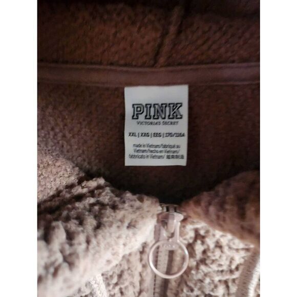 PINK Victoria Secret Brown Fleece Fluffy Half Zip Hoodie Size XXL. RO - Picture 2 of 5